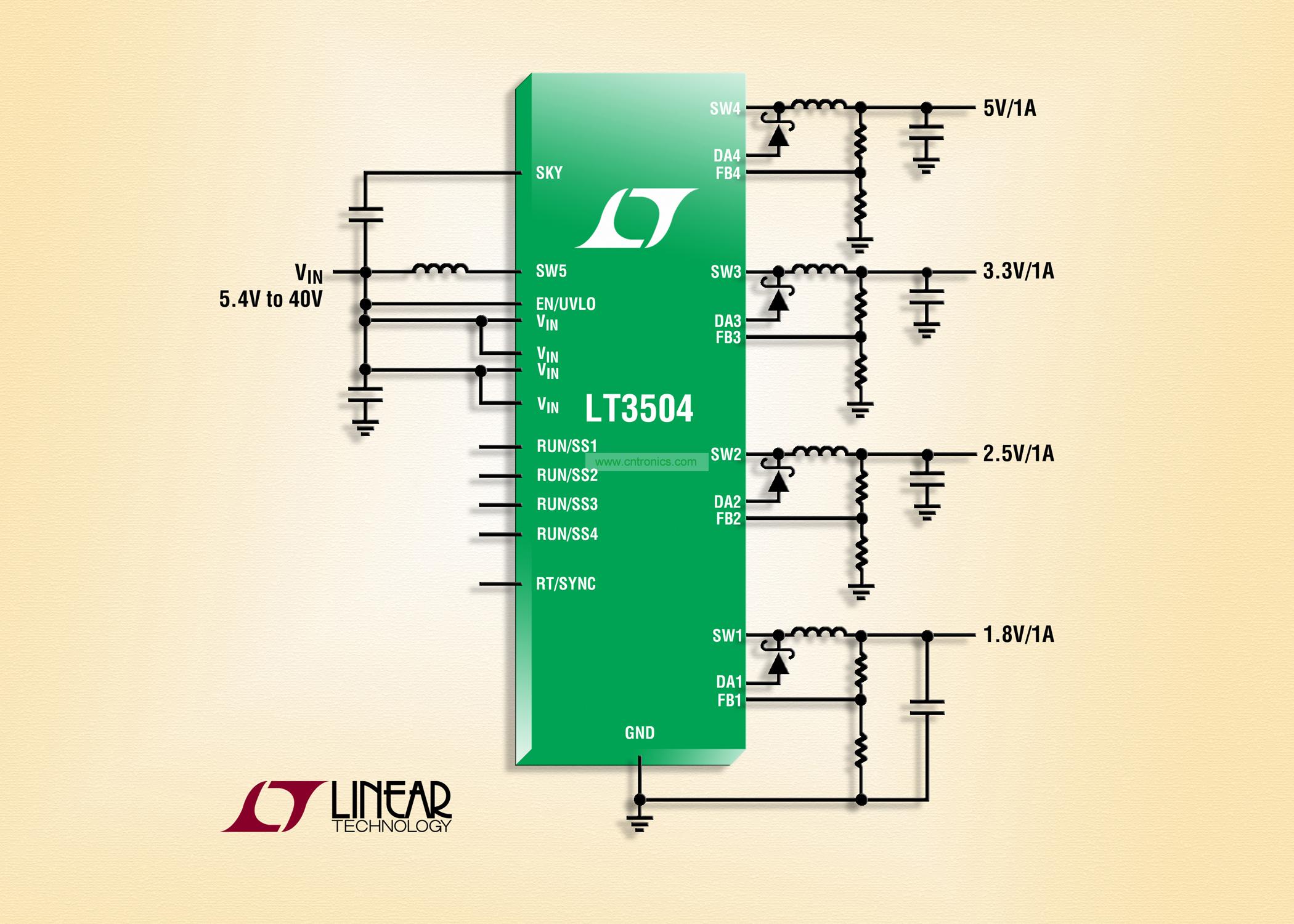 40V、4 通道 1A (IOUT)、2.2MHz 降壓型 DC/DC 轉換器