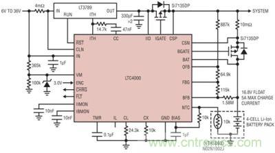 LTC4000 和 LTC3789：6V 至 36VIN、4 節(jié) 5A 鋰離子電池充電器