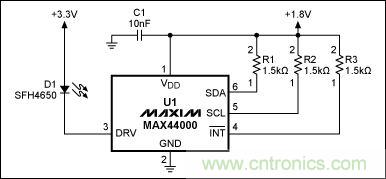 圖1：MAX44000典型電路，包括LED