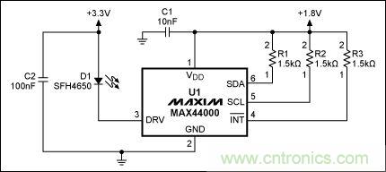 圖2：MAX44000典型電路，帶有發(fā)射器旁路