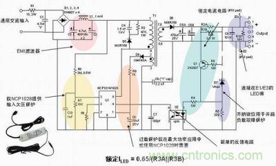安森美半導體離線式第二代LED驅(qū)動器NCP1014/1028的應用示意圖。