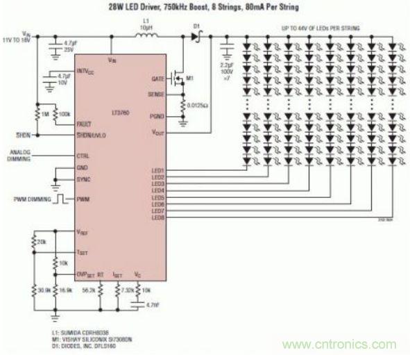 采用 LT3760、效率為 90% 的 28W LED 背光照明電路