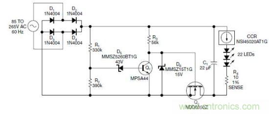 圖1：電路以恒流驅(qū)動一串LED，可用于全世界的各種交流電壓