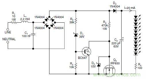 圖2：斬波工作類似圖1中的電路，但以較大的LED串聯(lián)電阻代替了恒流源，提供限流功能