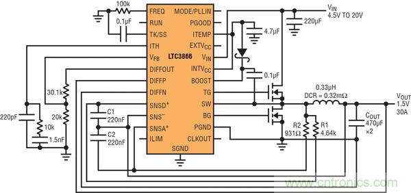 圖2：以非常低的DCR完成采樣的高效率、1.5V/30A降壓型轉(zhuǎn)換器