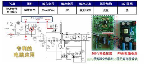 基于NCP1075開關(guān)穩(wěn)壓器和200 V預(yù)穩(wěn)壓器的極寬電壓范圍15 W參考設(shè)計。
