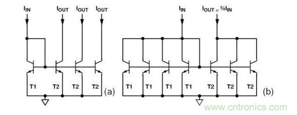 （a） 多級電流鏡 （b） 非整數(shù)比例電流鏡可將3個T2集電極結(jié)合起來，得到3IIN