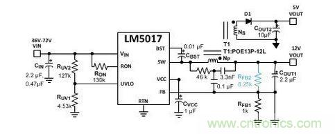 基于 LM5017 的 Fly-Buck 轉(zhuǎn)換器電路，沒(méi)有基于光耦合器的穩(wěn)壓電路