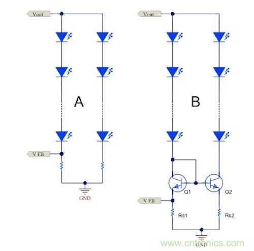 電流鏡 (B) 可針對簡單電阻器電流調(diào)節(jié) (A) 提供各種優(yōu)勢。