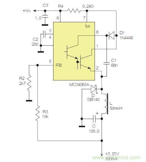 采用降壓配置中廣為使用的MC33063/MC34063的一個示例。