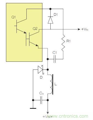為了實現(xiàn)用兩個元器件提升電源轉(zhuǎn)換效率，芯片上應有針對驅(qū)動器晶體管Q1集電極的單獨引腳。