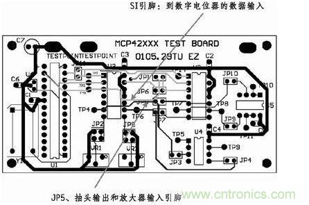 這是對圖2所示電路的第一次布線嘗試。此配置在模擬線路上產(chǎn)生不規(guī)律的噪聲，這是因?yàn)樵谔囟〝?shù)字走線上的數(shù)據(jù)輸入碼隨著數(shù)字電位器的編程需求而改變。