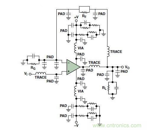 典型的運(yùn)算放大器電路，(a)原設(shè)計(jì)圖，(b)考慮寄生效應(yīng)后的圖
