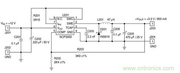 Buck電路應(yīng)用實(shí)例-輸入9～12V，輸出3.3V 800mA電路
