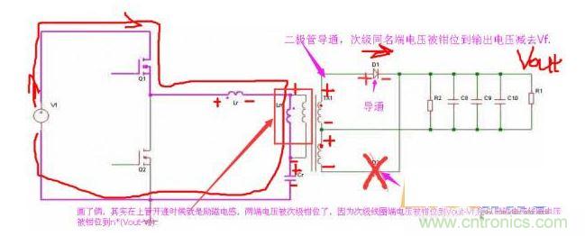 上管開通，注意諧振電感、勵磁電感、諧振電容的正負(fù)