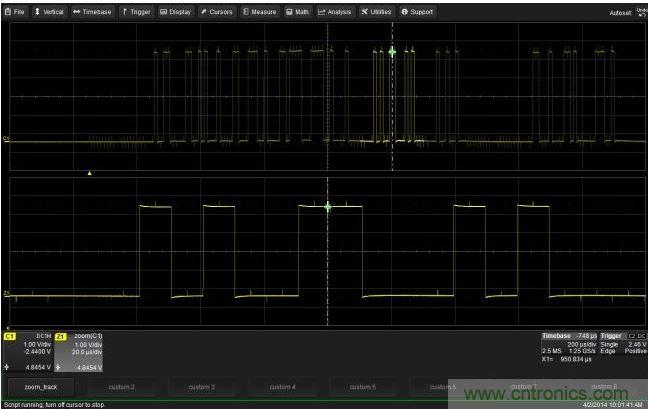 使用CustomDSO運(yùn)行VB腳本“zoom_Track.lss”。當(dāng)腳本運(yùn)行時(shí)，縮放波形的中心將跟蹤水平的光標(biāo)絕對(duì)位置。從圖中可以看出，光標(biāo)將永遠(yuǎn)位于縮放波形Z1的中心