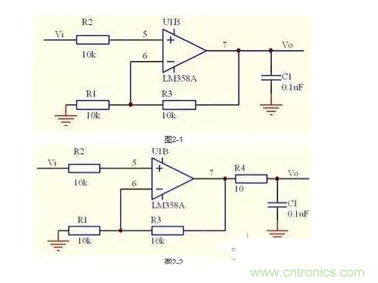 2、不要在運(yùn)放輸出直接并接電容