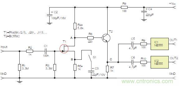 圖3：采用兩個工作在不同頻率下的555定時器電路，以獲取不同的音效。