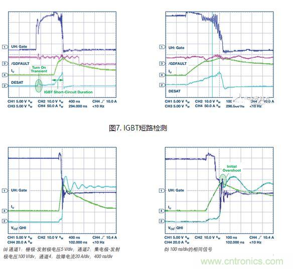 過流關斷時序延遲（通道1：柵極-發(fā)射極電壓10 V/div；通道2：來自 控制器的PWM信號5 V/div；通道3：低電平有效跳變信號5 V/div；100 ns/div）