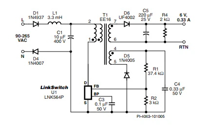 LinkSwitch-LP 系列旨在取代手機/無繩電話、PDA、數(shù)碼相機和便攜式音頻播放器等應用中輸出功率 < 2.5 W 的低效線頻線性變壓器電源。LinkSwitch-LP 還可用作白色家電等應用中的輔助電源。  LinkSwitch-LP 將高壓功率 MOSFET 開關與 ON/OFF 控制器集成在一個設備中。它完全由漏極引腳自供電，具有低 EMI 的抖動開關頻率，并且具有全面的故障保護。自動重啟可限制過載和輸出短路條件下的器件和電路耗散，而遲滯過溫保護會在熱故障期間禁用內部 MOSFET。EcoSmart 技術使設計能夠輕松實現(xiàn) < 150 mW 的空載功耗，滿足能源效率要求。  LinkSwitch-LP 的設計目的是在輸出功率低于 2.5 W 時無需初級側鉗位電路，從而顯著減少組件數(shù)量和總系統(tǒng)成本。圖 1 顯示了基于 LinkSwitch-LP 的 2 W 電源，不帶初級側鉗位。LinkSwitch-LP 系列經過優(yōu)化，當變壓器上的輔助或偏置繞組提供反饋時，可提供近似的 CV/CC 輸出特性。這非常適合取代工頻變壓器的應用，提供兼容的輸出特性，但過載、短路電流和輸入線電壓變化較小。  　  在無鉗位設計中使用 LinkSwitch-LP 的基本電路原理圖。  快速開始  　 LinkSwitch-LP 反激式設計流程圖